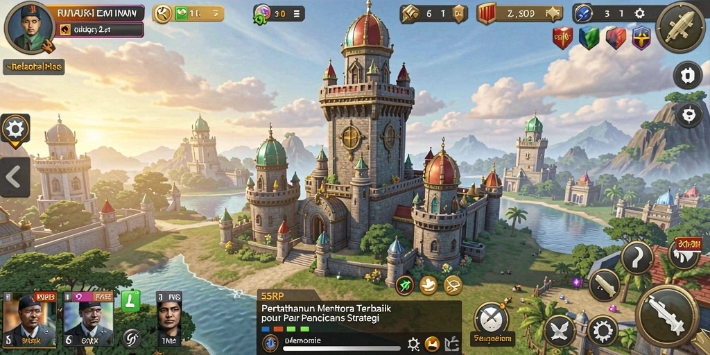 Tampilan gameplay 55RP dengan menara dan musuh yang mendebarkan.