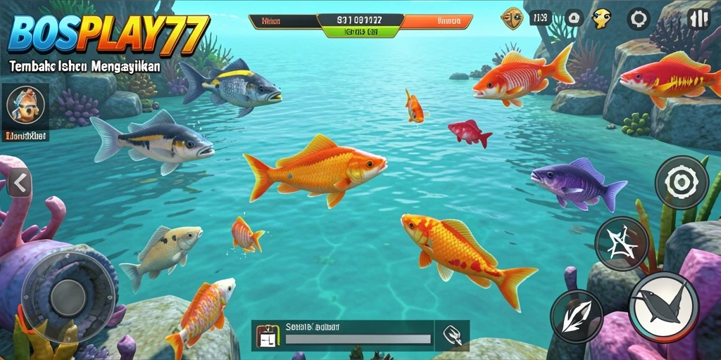 Screenshot gameplay menampilkan aksi menembak ikan di bawah laut.