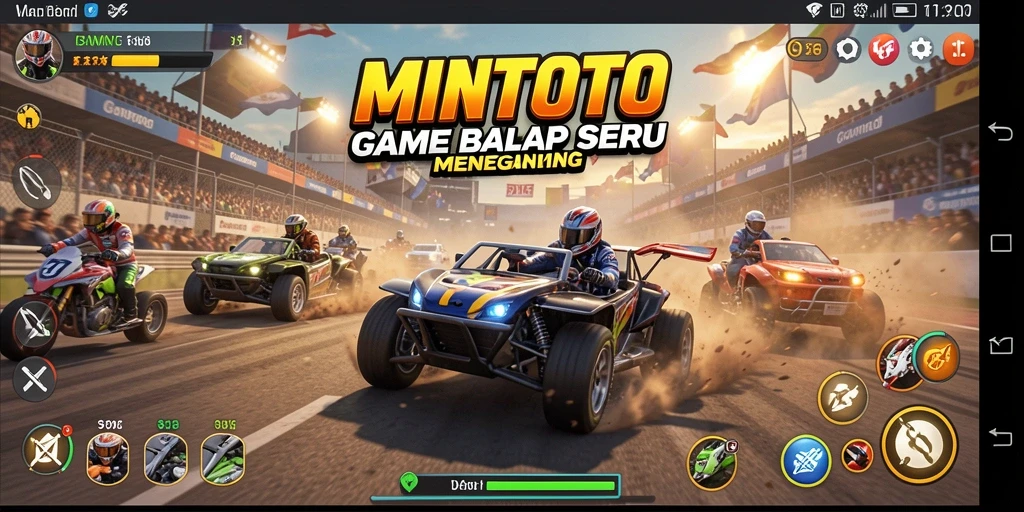 Gambaran gameplay MINTOTO dengan mobil balap di lintasan.