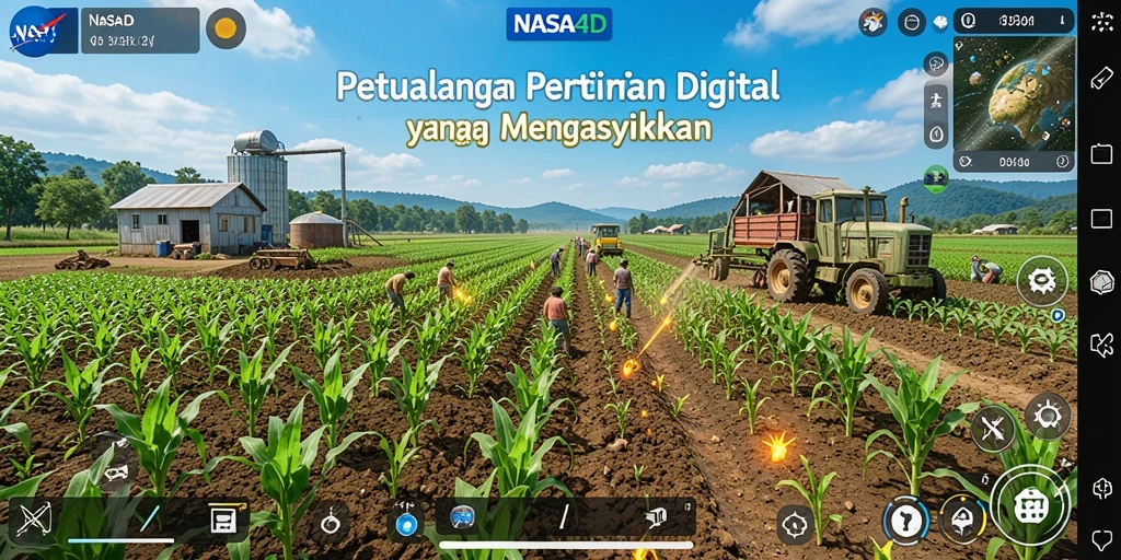 Screenshot gameplay yang menunjukkan lahan pertanian yang subur di NASA4D.