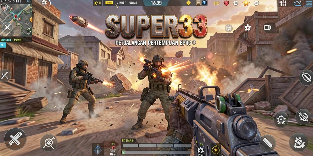 Tampilan gameplay SUPER33 dengan grafis tajam dan aksi cepat.