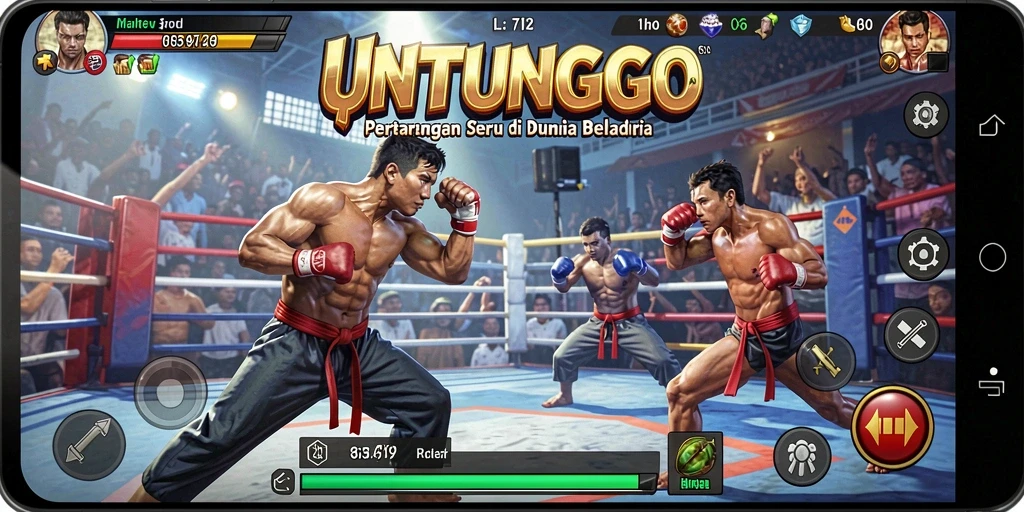 Tampilan screenshot utama UNTUNGGO menampilkan pertarungan mendebarkan antar karakter.
